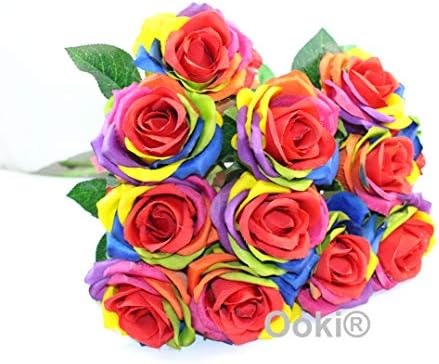 Ooki 12 Long Stem Artificial Silk Rainbow Rose Flower Bush Bouquet for DIY Any Arrangement Home Decor Wedding Party Celebration - Image 4