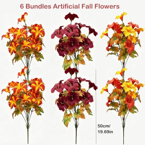 6 Bundles Artificial Fall Morning Glory Flowers for Outdoors, UV Resistant No Fade Fake Faux Fall Flowers with Maple Leaves for Thanksgiving Farmhouse Harvest Home Garden Patio Decor - Image 2