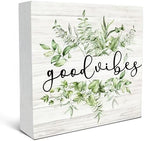 SRADMO Inspirational Botanical Eucalyptus Leaves Wood Box Sign Desk Decor, Green Rustic Eucalyptus Leaves Wooden Block Box Sign Decor for Home Office Shelf Table Decorative Accessories by SRADMO
