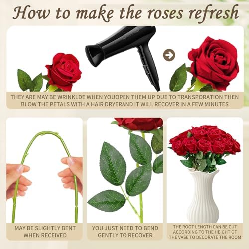 22 Pcs Artificial Red Roses with Stems - Realistic Velvet Faux Flowers Bulk, Fake Roses for Wedding Centerpieces & Home Decor(Red) - Image 4