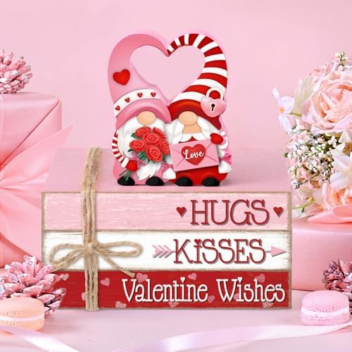 Geelin 4 Pcs Valentine Day Gnome Table Decoration Wooden Book Stack Signs - Image 2