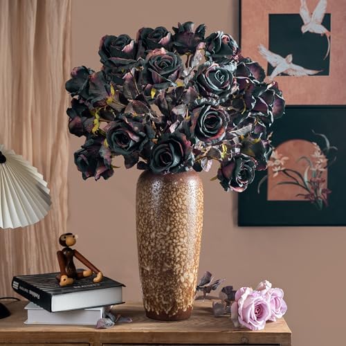 Artificial Roses 20PCS 23.2In Fake Roses Long Stem Artificial Flowers for Tall Vase Silk Rose Autumn Suitable for Indoor Halloween Gothic Decoration Wedding Party Decor DIY Bouquet Dark Blue - Image 3