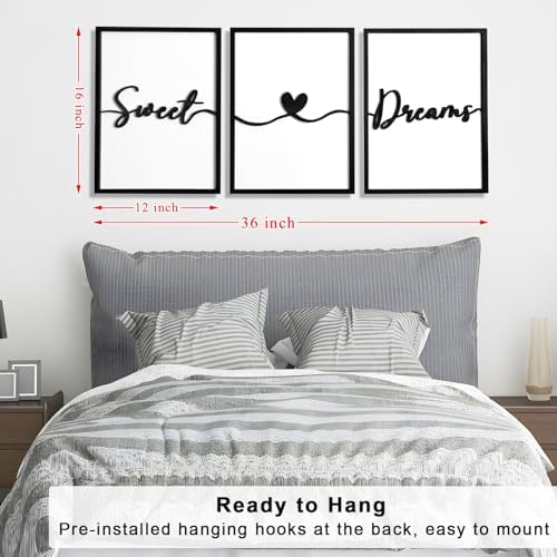 3D Wood Sweet Dreams Wall Decor Above Bed Decors, Bedroom Wall Art 36x16”, Black Wall Decor for Bedroom (12x16 inches, Set of 3, Framed) - Image 5