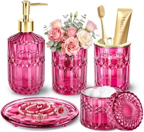 Haturi Hot Pink Bathroom Accessories Set, Glass Bathroom Set, 5 Pcs by Haturi