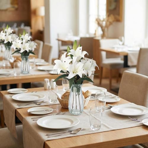 Garvee Faux Lily Flowers with Vase, 6 Heads Full Bloom Lily & 3 Buds, Long Stem Artificial Stargazer Lilies, Faux Tiger Bouquets in Glass Vase for Home Hotel Flower Arrangement Party Decor, White - Image 4