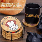 6Pcs Horror Movie Character Spooky Coasters Gift Set with Holder - Horror Movie Accessories Bar Coaster for Party Decor, Unique Halloween Round Coasters for Halloween Coffee Table Spooky Kitchen Decor - Image 4