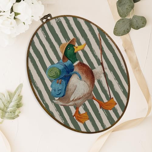 dvhdajed Vintage Backpacking Mallard Duck Oval Wall Art Decor, Mallard Duck Camping Green Striped Framed Canvas Art, Rustic Wall Hanging Decor for Boys Room Bedroom, Farm Animal Decorations,8.7x11.3 - Image 4