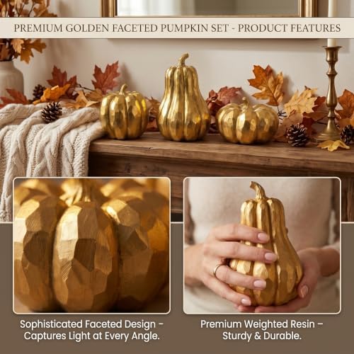 Gold Pumpkin Decor, 3Pcs Resin Pumpkin Figurines Fall Decoration for Home - Image 4