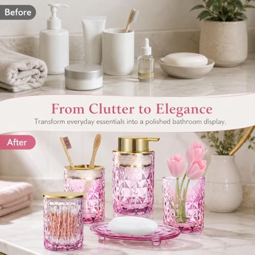 5 Piece Glass Bathroom Accessories Set, Pink & Gold Vanity Countertop Set - Image 5