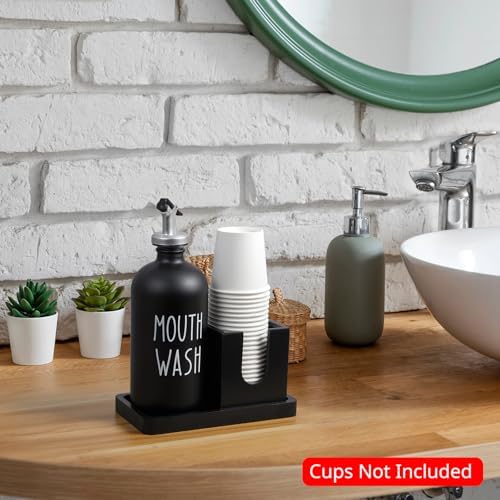 Glass Mouthwash Dispenser for Bathroom, 16 OZ Mouthwash Dispenser with Pour Spout and Wood Cup Holder and Tray, Mouth Wash Bottle Container, Black Kitchen Bathroom Decor and Accessories - Image 2