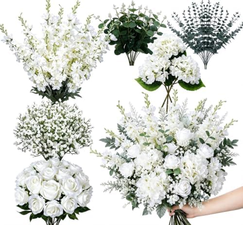 91Pcs White Artificial Delphinium Flowers 6 Kinds Floral Arrangements Set by ZYTHREM