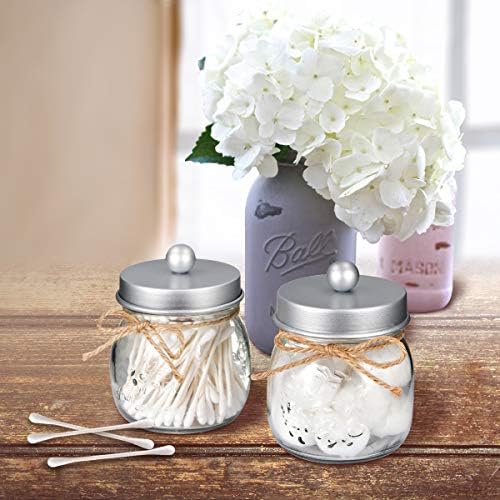 SheeChung 2 Pack Glass Mason Jar Qtip Holder Dispenser,Frosted Silver Lids - Image 4