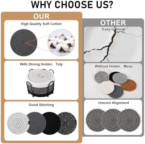 OIAHOMY 8 Pcs Coasters with Holder for Beer, Coffee, Woven Cotton Coaster Set for Table Decor for Kitchen, Bar, Dining Room, Living Room, Housewarming Gifts - Black - Image 3