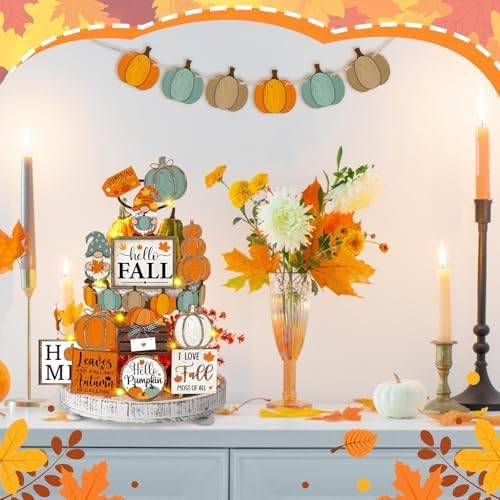 Fairysandy 21 Pcs Fall Tiered Tray Decor, Thanksgiving Table Sign, Pumpkin - Image 6