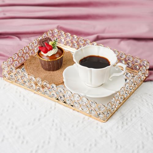 Metal Crystal Mirror Tray - 11.2"x8.1" Table Centerpieces Tray, Multi-Functional Display for Flowers/Cupcakes/Jewelry, Vanity Organizer & Wedding Dessert Table Accent (1, Gold) - Image 4