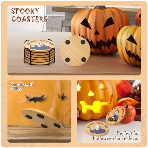 6Pcs Horror Movie Character Spooky Coasters Gift Set with Holder - Horror Movie Accessories Bar Coaster for Party Decor, Unique Halloween Round Coasters for Halloween Coffee Table Spooky Kitchen Decor - Image 3