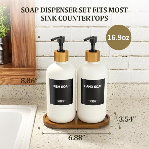 MASADI White Soap Dispenser Set with Tray, Dish and Hand soap Lotion Dispenser Set with Wooden Pump for Kitchen and Bathroom Decor for Counter, Modern Vintage Liquid Soap Dispensers - Image 4