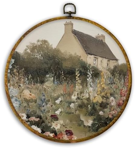 CUANFDDSF Vintage Cottagecore Farmhouse Round Wall Art, Rustic Countryside Garden Framed Hanging Wall Decor, Retro Country Landscape Canvas Prints Decorations for Home Bedroom Living Room, 10x10 Inch by CUANFDDSF