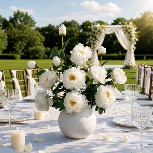 Artificial Peony Flowers, White,4PCS, 31.5'' Long Stem by ENALGRE