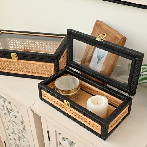Black Rattan Decorative Wood Storage Boxes with Glass Lids Set of 2 - Image 4
