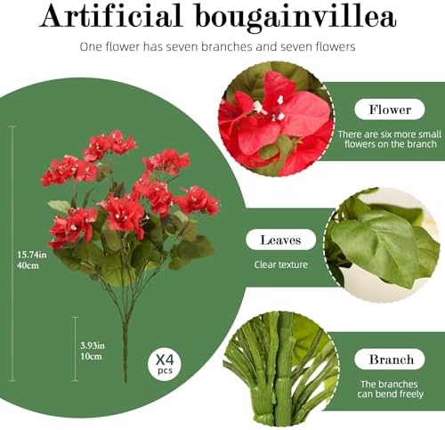 Bougainvillea Artificial Faux Bougainvillea Outdoor 4 Pack Fake Bougainvillea Hanging Flowers Artificial Bougainvillea for Indoor Home Porch Garden Decor Spring Flowers No Vases(Red) - Image 2