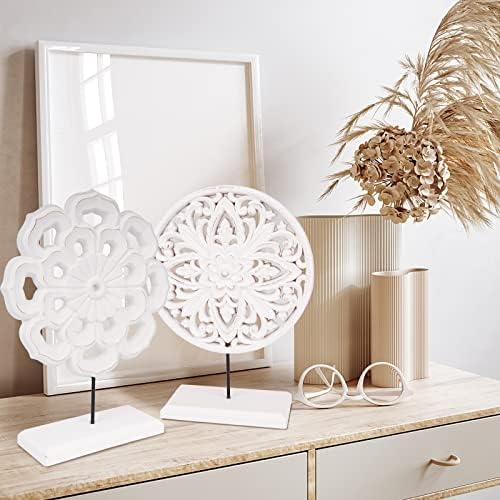 AXEARTE 2 Pack Wooden Carved Cutout Flower Medallion Sculpture, Rustic Distressed White MDF Statues Home Tabletop Decor, Decorative Ornaments for Living Room, Bedroom, Office Desktop, Cabinets - Image 4