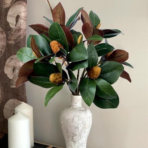 Artificial Magnolia Leaves Plant, Fake Branches 18.5 Inch 3D Plastic Leaf Greenery Bushes Faux Simulation Shrubs Stems Twigs for Home Garden Decor Vase Office Wedding Party DIY Decoration Green 2 Pack - Image 2