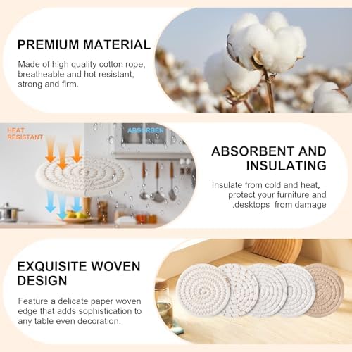 OIAHOMY 10 Pcs Drink Coasters with Holder, Boho Cotton Woven Coaster Set, Absorbent Coaster Protection for Various Cups, Ideal for Coffee Tables Home Decor and Gift, 4.3 Inches,Mixed Yellow - Image 3
