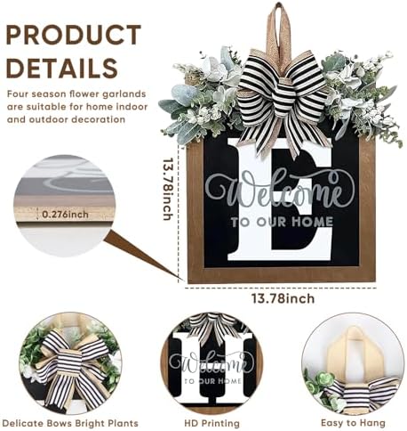 Ultra Large 14'' Last Name All Year Round Front Door Wreath with 26 Initial Letter Welcome Sign All Seasons Eucalyptus Garland and Bow Wreaths for Front Door Porch Farmhouse Decoration (E) - Image 4