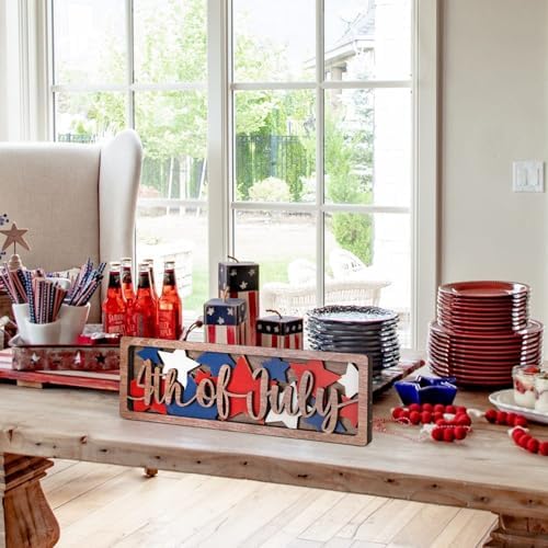 COCHIE Vintage 4th of July Decorations for Office, Home, Table, Mantel, Shelf, Desk, 4 x 11 Inch USA Flag Star Sign, Wooden Fourth of July Decor, Farmhouse Red Blue White Patriotic Centerpiece (Star) - Image 3