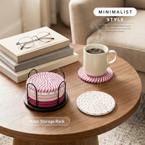 Lazebox Coasters Set of 8 for Drinks, 4 Inch Large Coasters for Coffee Table, Tabletop Protection for Hot & Cold Drinks, Versatile Coasters for Home Decor, Non-Slip & Easy to Clean, Pink - Image 2