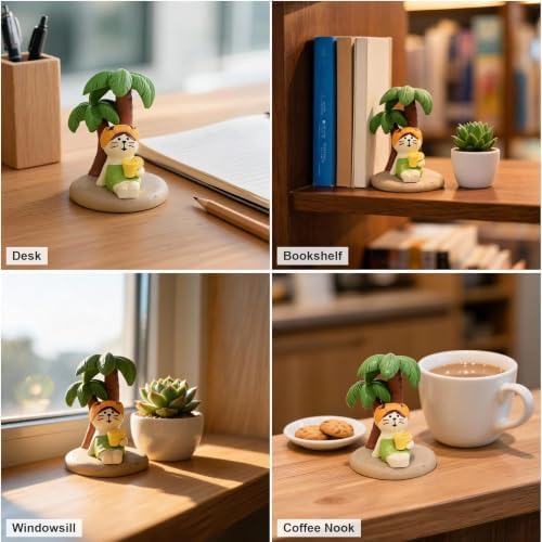 Mevodeata Lemon Tea Cat Figurine with Palm Tree, Mini Beach Statue - Image 6