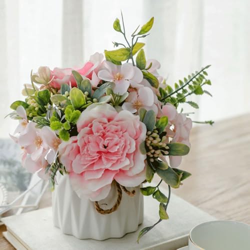 TKAS Fake Flowers Arrangement in Ceramic Vase, Artificial Faux Silk Roses & Hydrangea, Small Realistic Dried-Style Floral Dining Table Centerpiece for Wedding Party Home Decoration (Pink) by TKAS