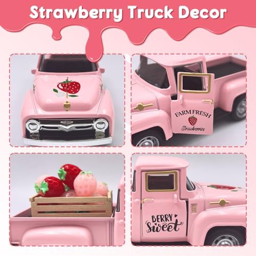 Strawberry Decor Vintage Truck with Mini Fake Strawberries and Wooden Crate - Image 4
