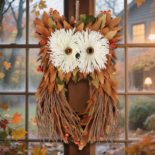 winemana Fall Wreaths for Front Door, 14 Inch Handmade Owl Wreath - Image 4