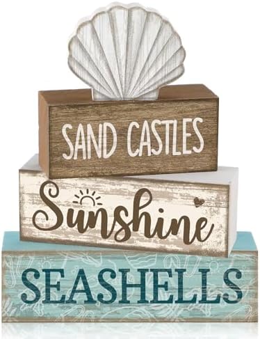 Yuntau 4 Pcs Summer Decorations for Home Beach Block Sign Seashell Display by Yuntau