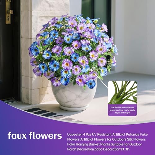 Blue Purple Artificial Morning Glory Flowers for Outdoor Planters, Premium UV Resistant Silk Faux Flowers for Porch, Hanging Basket & Window Box, Cottage Garden Decor, No Pot, 13.3 Inch, 8 Bundles - Image 3