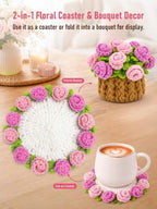 Crochet Flower Bouquet Coasters, Cotton Rose Gifts for Home Decor 4Pcs - Image 6