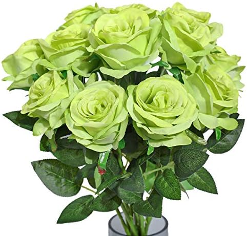 10pcs Light Green Roses Artificial Flowers, Realistic Faux Rose with Stem - Image 2