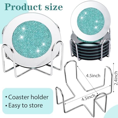 Jetec Mirrored Glass Coaster Set of 6 with 1 Holder 4" Crushed Diamond Round Cup Mat Glitter Crystal Rhinestone Glass Coaster Bling Table Decor for Bar Kitchen Gift for Christmas(Mint Green,4 Inch) - Image 2