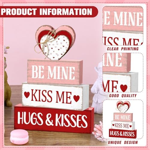 Marsui 4 Pcs Valentine's Day Decorations for Home Heart Table Decor Rustic Distressed Wooden Signs Valentines Centerpieces Blocks Farmhouse Valentines Tiered Tray Decor for Desk Shelf Mantel Indoor - Image 4