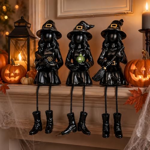Dlfghos Halloween Decor Witch Figurines Set of 3, Halloween Indoor Decorations Witch Decor Resin Witch Statue for Table Desk Bookshelf Mantel Tiered Tray Spooky Halloween Decor Witch Gifts - Image 3