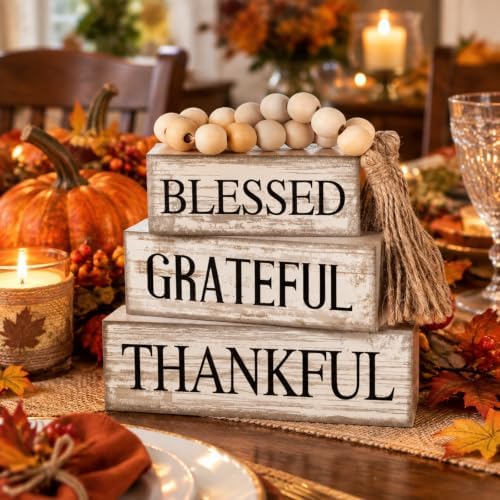 Yuntau 4 Pcs Farmhouse Thanksgiving Table Decor Stacked Wooden Block Sign - Image 3