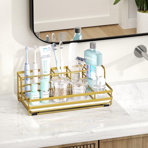 HapiRm Toothbrush Holders for Bathroom - 5 Partitions Bathroom Counter Organizer with Instant Drying Stone, Stainless Steel Countertop Storage Electric Toothbrush Toothpaste Holder - Gold - Image 7
