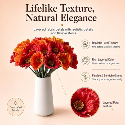Mandy's 30 Stems Red and Orange PU Poppy Artificial Flowers - Image 2