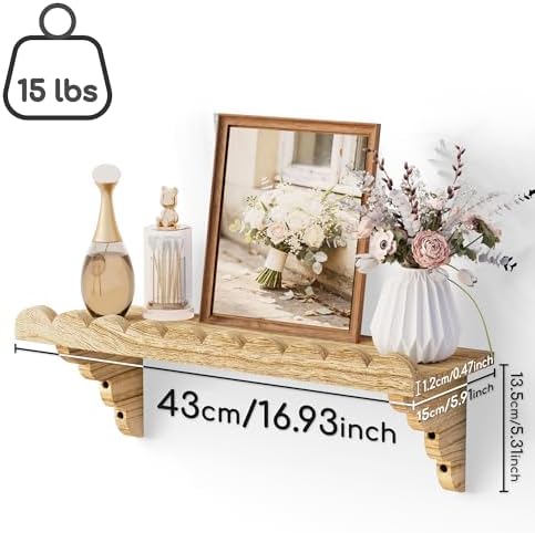 QsQueen Scalloped Wood Wall Shelf – 17 Inch Floating Shelf with Wood Brackets, Easy to Install Rustic Wall Shelf for Living Room, Bedroom, Bathroom, or Any Space - Light Brown - Image 3