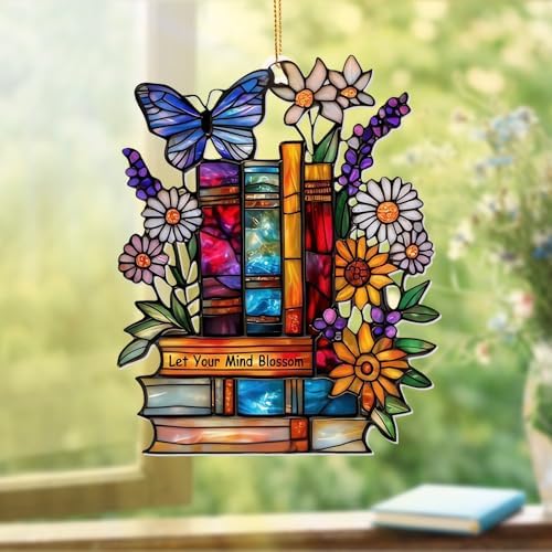 Book Ornament – ​​Stained Glass Style Acrylic Christmas Ornament with,Teacher Back To School Gift, Bookish Gifts For Librarian, BookLovers,Reader, Women, Suncatcher Effect Decor For Christmas Tre,S-18 by ALADAYQUINQUITMeetallneeds