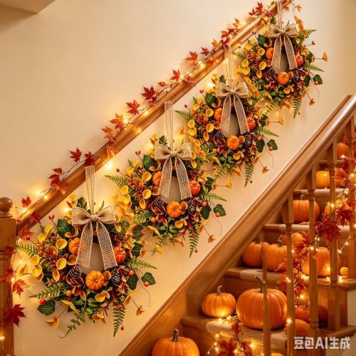 6 PCS Mini Fall Wreaths for Kitchen Cabinets Small Fall Hanging Wreath with Pumpkins Pinecones Berries Eucalyptus Thanksgiving Wreath for Front Door Window Cabinet Farmhouse Decor - Image 6