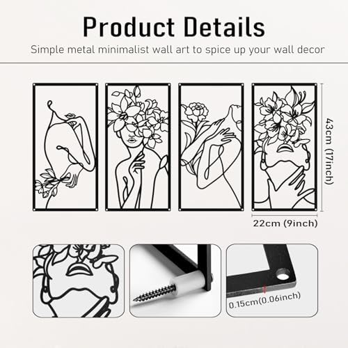 Bakovity Black Metal Wall Art, Abstract Minimalist Floral Woman Wall Decor - Image 2