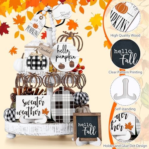 Reallnaive 18 Pcs Fall Tiered Tray Decor, Vintage Plaid Pumpkin Signs - Image 4